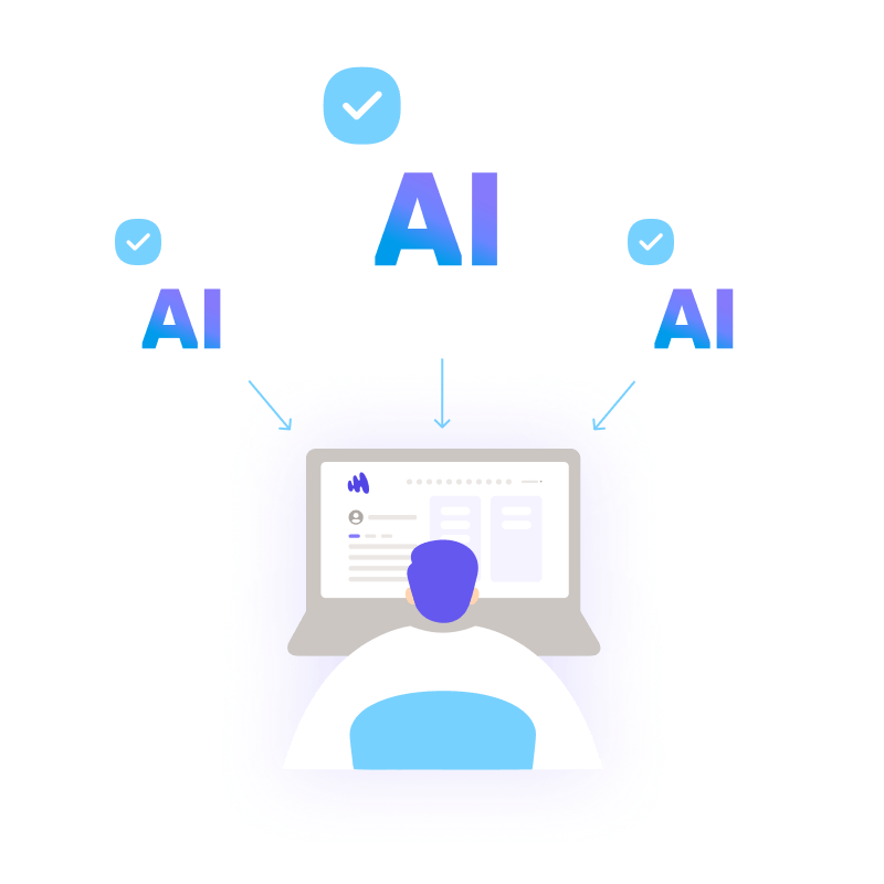PC作業に複数のAI機能が追加されていくイメージのイラスト